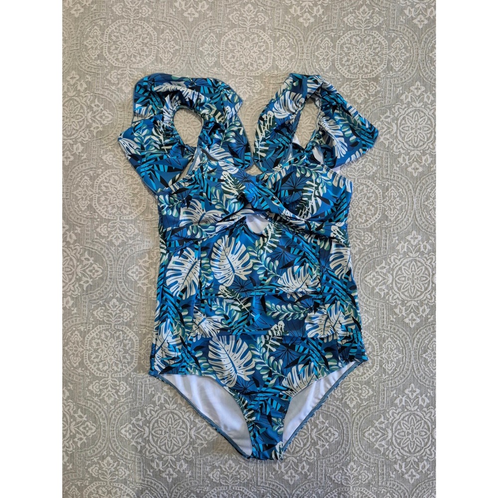 Viaurbe Womens Tropical Palm Leaf Ruffle One Piece Swimsuit Blue XL New‎